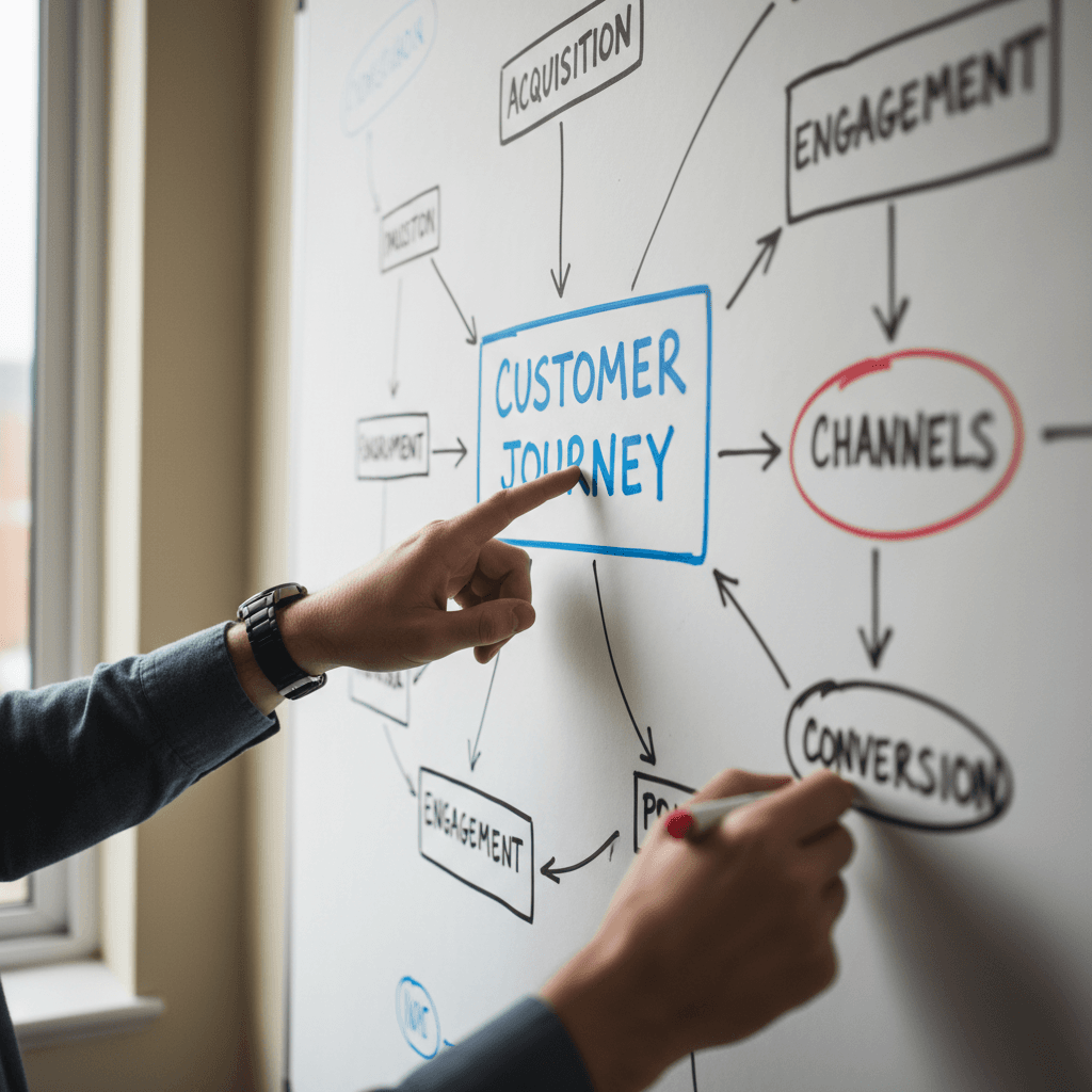 Marketing strategy planning session with whiteboard framework