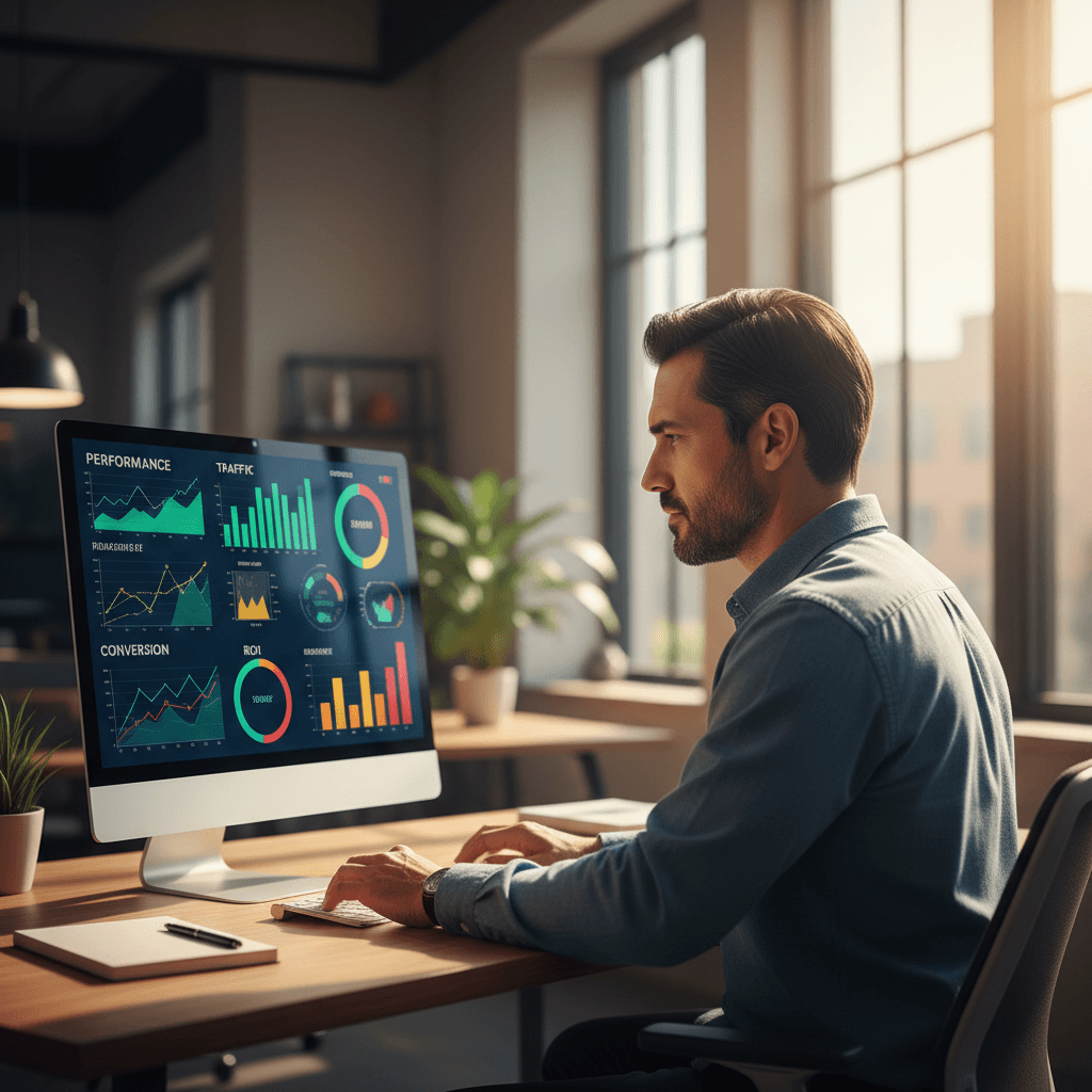 Digital marketing strategist analyzing campaign metrics on computer