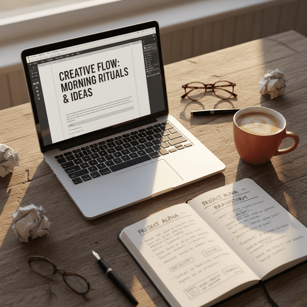 Content writer workspace with laptop and creative notes