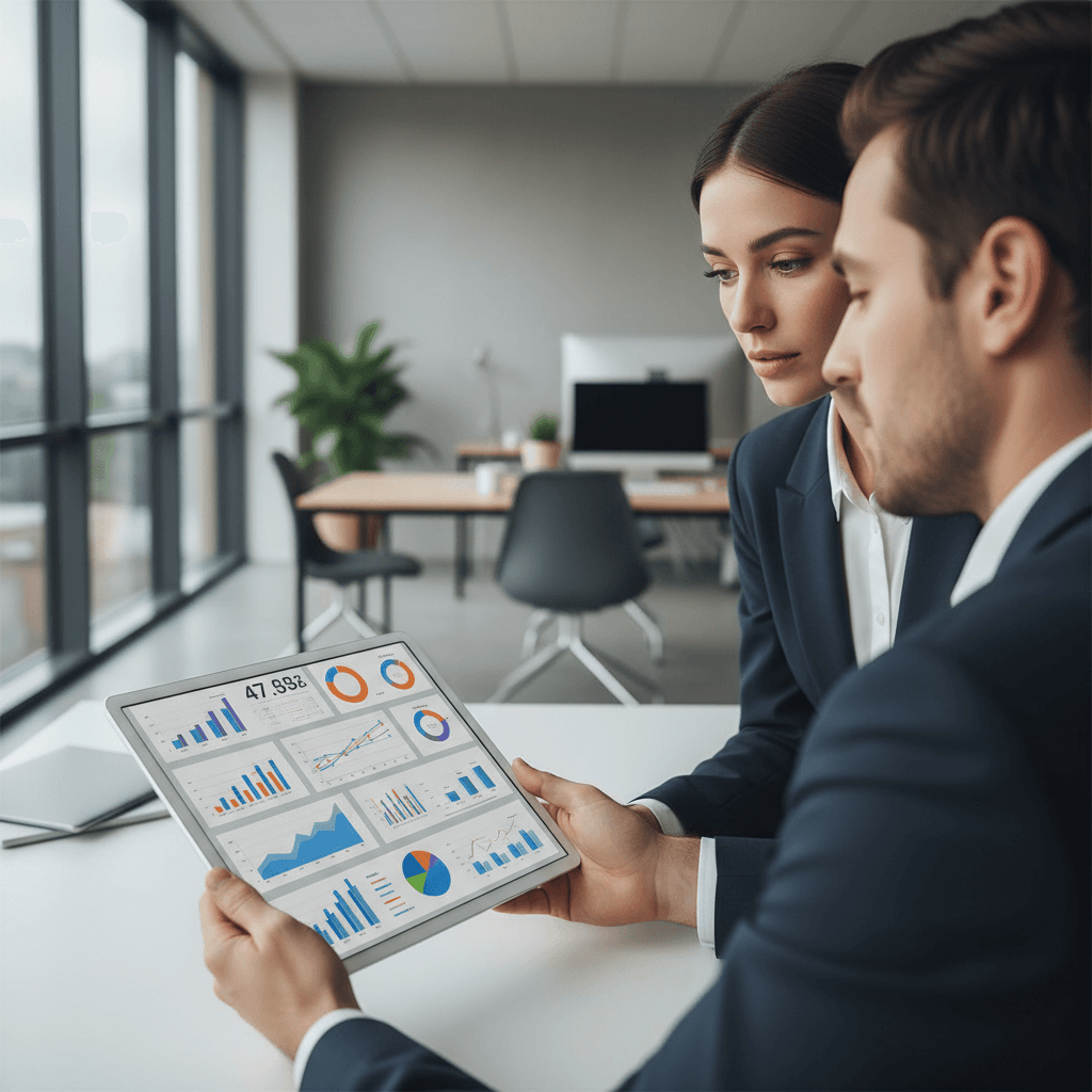 Client reviewing marketing analytics and performance report on tablet