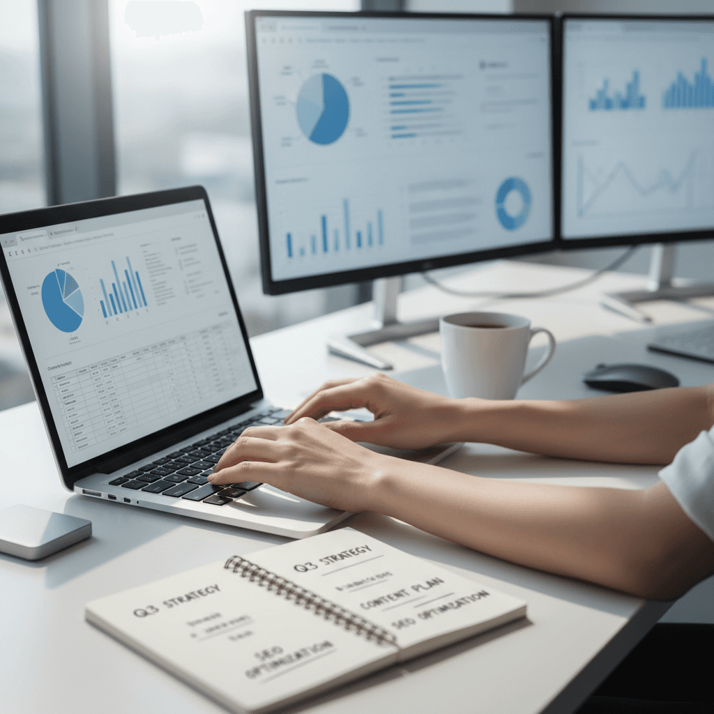 Digital marketer working at laptop