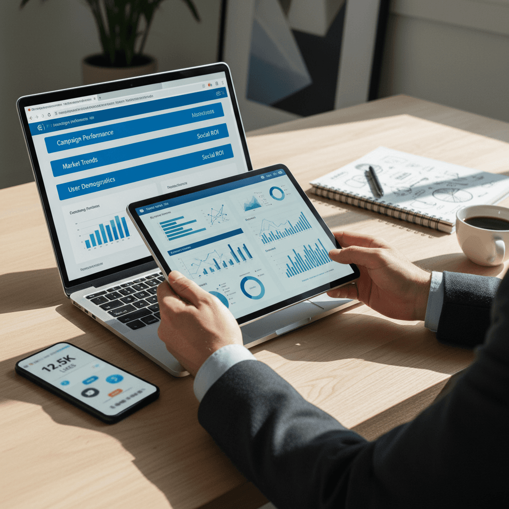 Marketing professional reviewing strategy on tablet