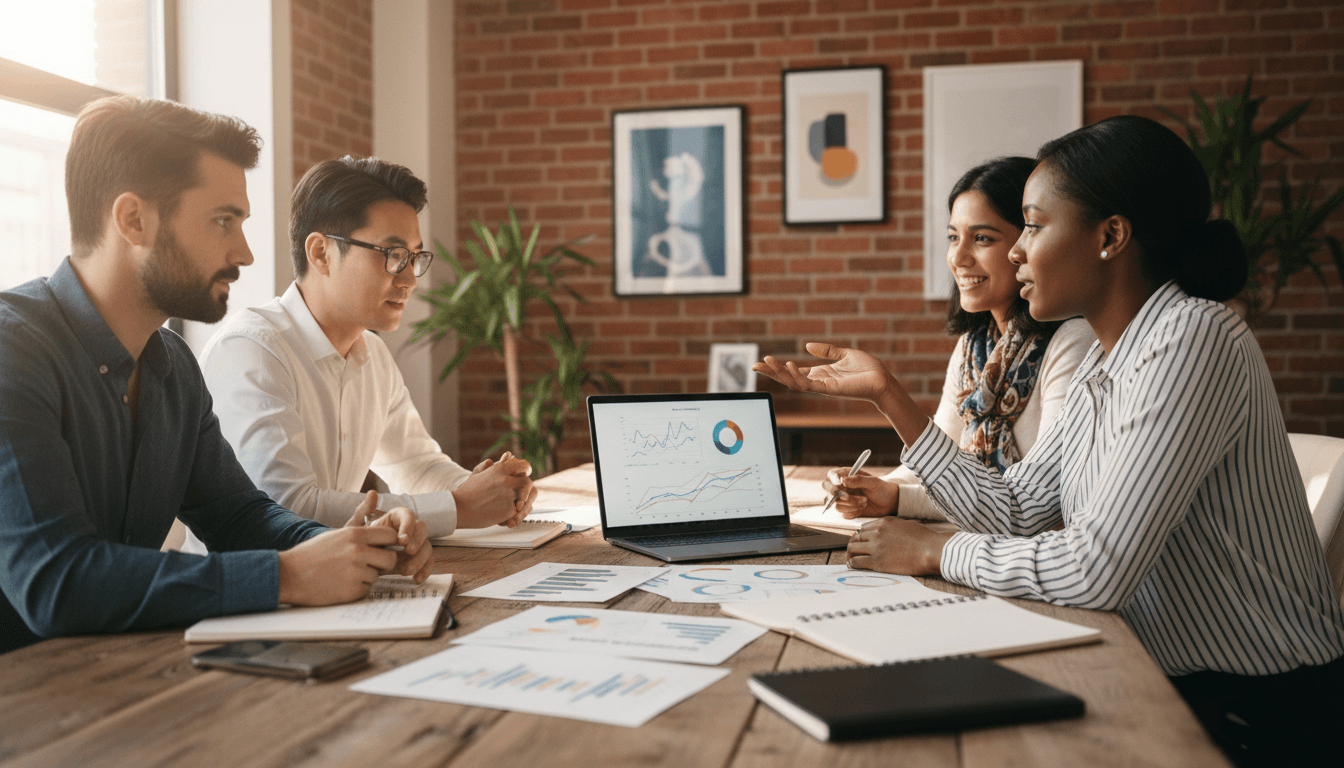 Team collaborating on marketing strategy in workspace